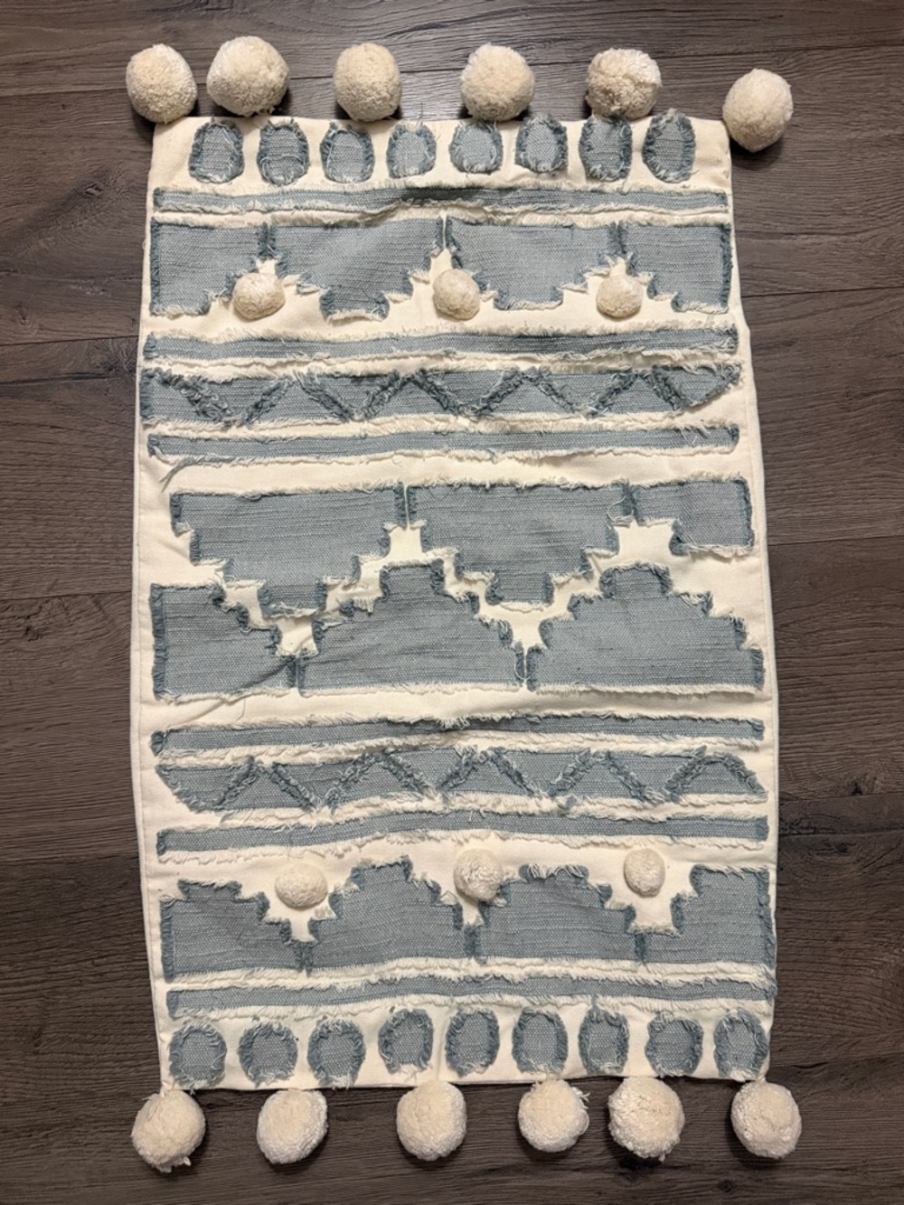 Lumbar Accent Pillow Cover Cream & Blue Aztec Design Pom Pom Farmhouse Boho